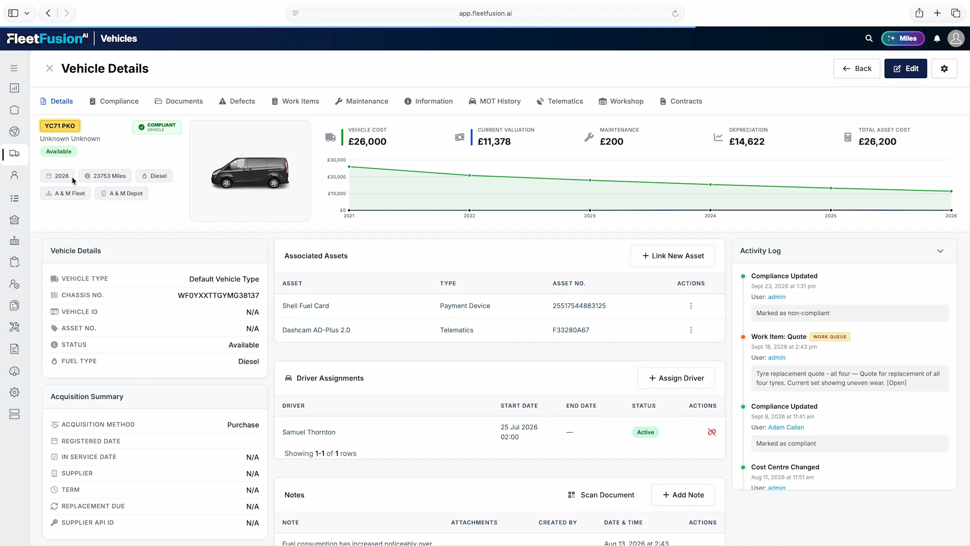 FleetFusion vehicle details showing assignments, linked equipment, costs and activity in one connected record.